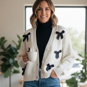 Luna Ivy White Buttoned Cardigan with Black Satin Bows